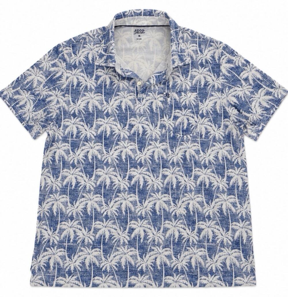 IZOD Saltwater Polo Shirt Mens XL Blue White Palm Tree Performance Golf Beach